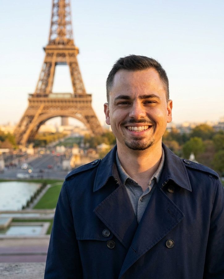 Retrato criativo em Paris com a Torre Eiffel ao fundo